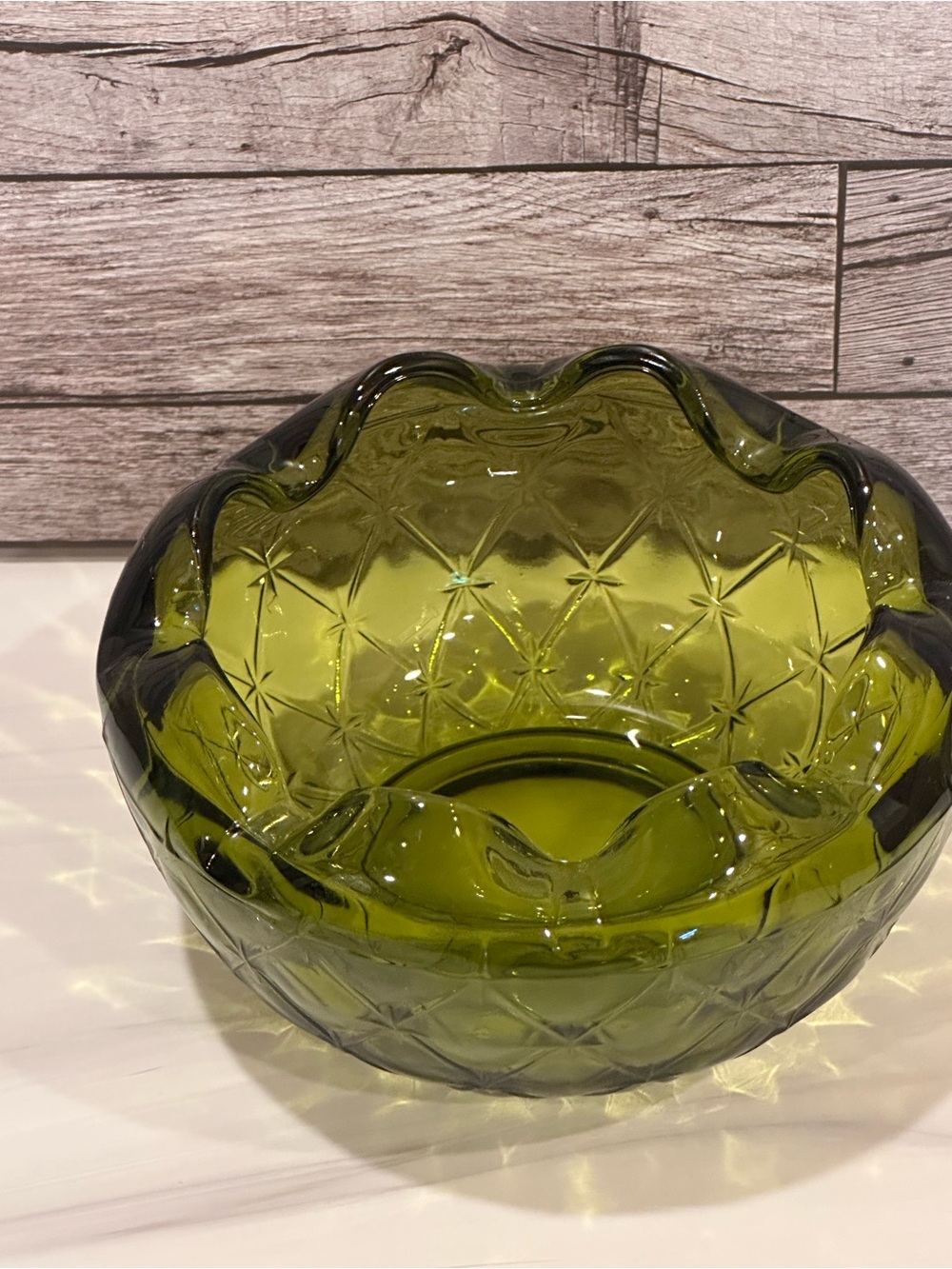 Vintage Indiana Glass Duette Avocado Green Quilted Diamond Ruffled Candy Bowl